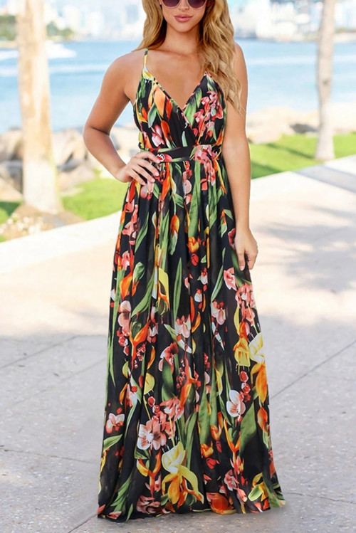 S-2Xl Summer New Plus Size Plant Batch Printing Stretch Backless Crossed Adjustable Straps Stylish Tropical Vacation Style Maxi Dress - Vougese