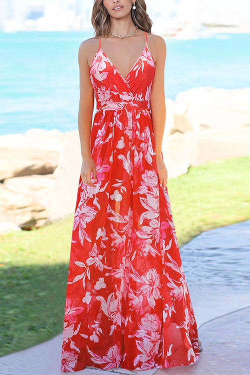S-2Xl Summer New Two Colors Plus Size Flower Batch Printing Stretch Backless Adjustable Straps Stylish Tropical Vacation Style Maxi Dress - Vougese