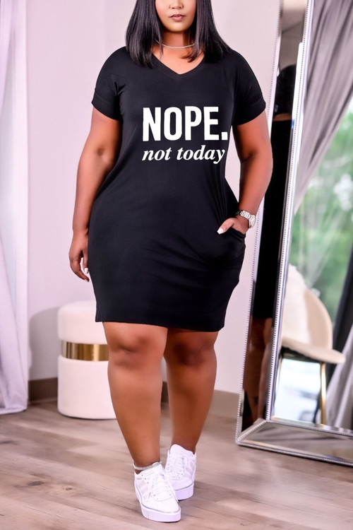 S-3Xl Plus Size Summer New 3 Colors Letter Fixed Printing Stretch Pocket Short Sleeves Cotton Casual Mini Dress - Vougese
