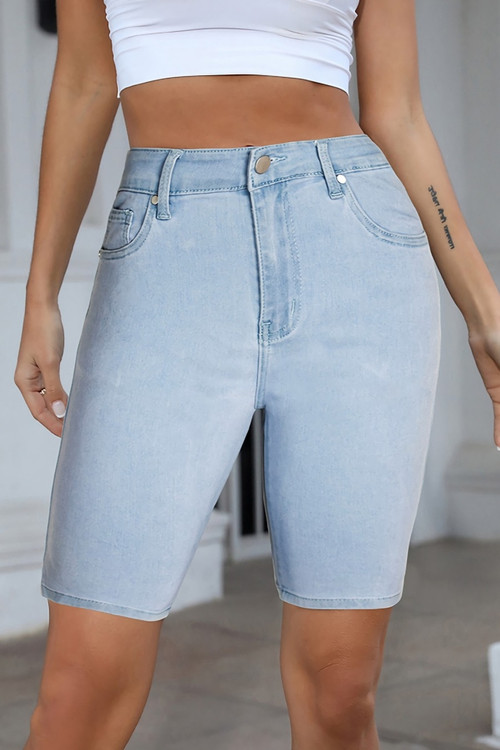 S-3Xl Plus Size Summer New Micro Elastic Solid Color Pocket Zip-Up Button Slim Stylish Denim Shorts - Vougese