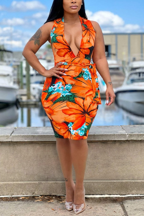 S-3Xl Plus Size Summer New Stylish Stretch Flower Batch Printing Deep-V-Neck Lace-Up Sleeveless Slim Sexy Midi Dress - Vougese