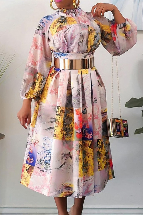 S-3Xl Spring Plus Size Batch Printing Inelastic Zip-Up Back Casual Ethnic Style Midi Dress With Belt 1# - Vougese
