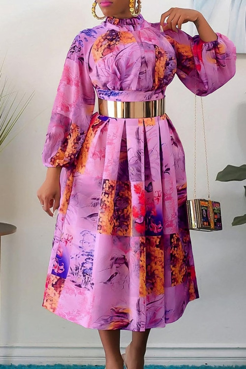 S-3Xl Spring Plus Size Batch Printing Inelastic Zip-Up Back Casual Ethnic Style Midi Dress With Belt 2# - Vougese