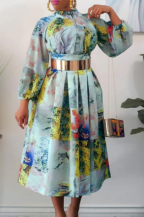 S-3Xl Spring Plus Size Batch Printing Inelastic Zip-Up Back Casual Ethnic Style Midi Dress With Belt 3# - Vougese