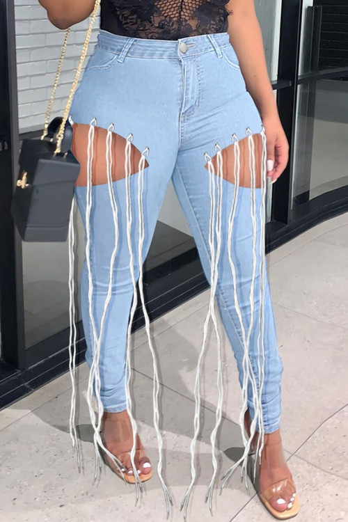 S-3Xl Spring Plus Size Three Colors Micro-Elastic High Waist Hollow Eyelet Long Tassel Pockets Button Zip-Up Stylish Curvy Jeans - Vougese