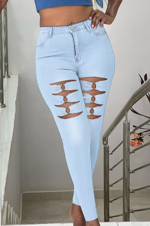 S-3Xl Spring Plus Size Three Colors Micro-Elastic High Waist Hollow Metallic-Ring Pockets Button Zip-Up Stylish Curvy Jeans - Vougese