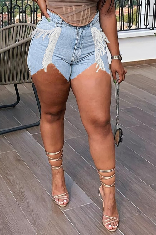 S-3Xl Summer New Plus Size Three Colors Micro-Elastic Tassel Notched Hem Design Pockets Button Zip-Up Stylish Denim Shorts - Vougese