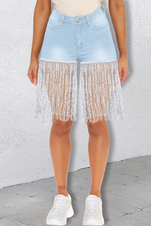 S-3Xl Summer New Plus Size Three Colors Micro-Elastic Tassel Pockets Button Zip-Up Stylish Denim Shorts - Vougese