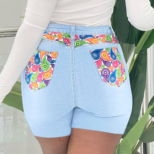 S-3Xl Summer New Plus Size Three Colors Patchwork Micro-Elastic High Waist Pockets Button Zip-Up Stylish Denim Shorts - Vougese