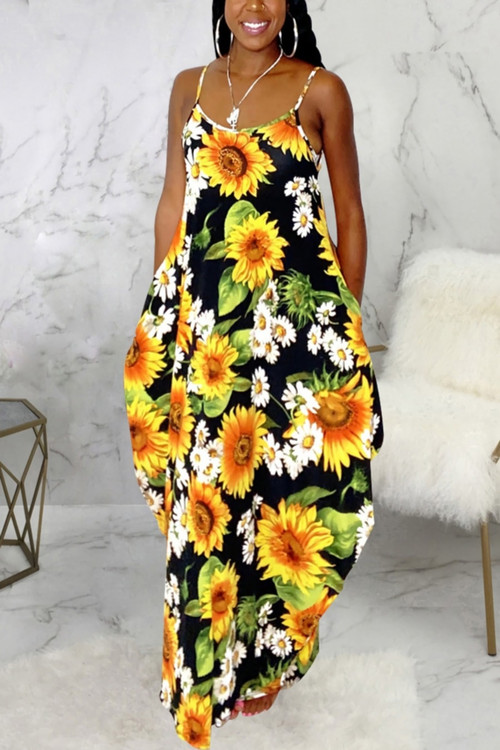 S-3Xl Summer New Plus Size Two Colors Allover Sunflower Batch Printing Stretch Sling Pockets Loose Stylish Casual Maxi Dress - Vougese