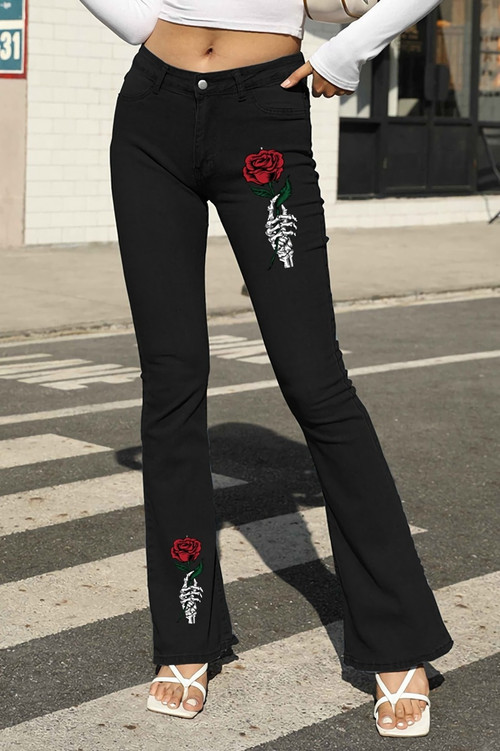 S-4Xl Spring Plus Size 4 Colors Flower Fixed Printing Micro-Elastic Pockets Button Zip-Up Stylish Flare Jeans - Vougese