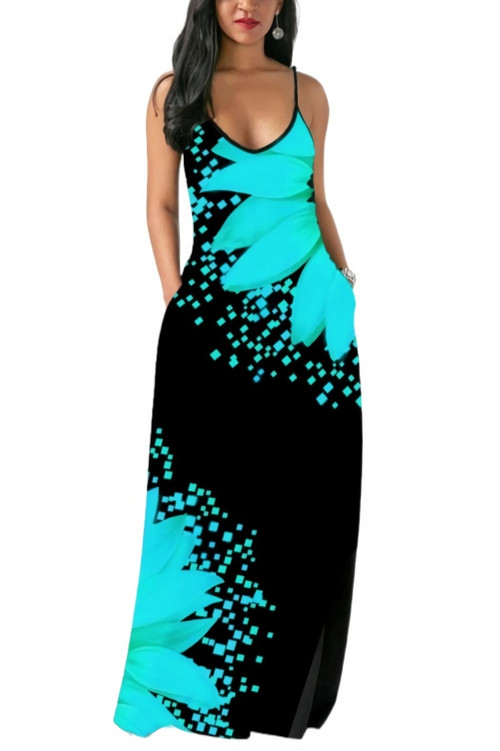 S-5Xl Plus Size 5 Colors Orange Leaf Fixed Printing Spliced Stretch Pockets Sling Backless Sexy Maxi Dress - Vougese
