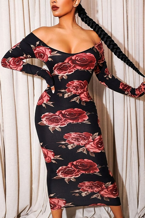 S-5Xl Spring Plus Size 4 Colors Flower Batch Printing Stretch Off The Shoulder Backless Stylish Midi Dress - Vougese