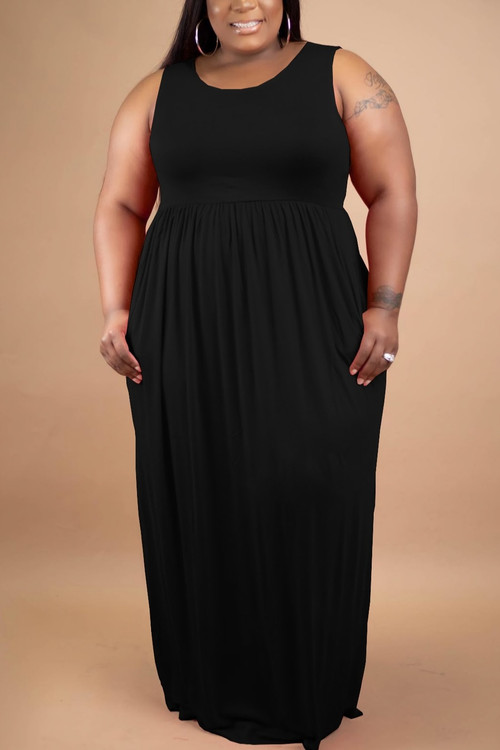 S-5Xl Summer New Plus Size 3 Colors Solid Color Stretch Pockets Floor Length Loose Casual Maxi Dress - Vougese