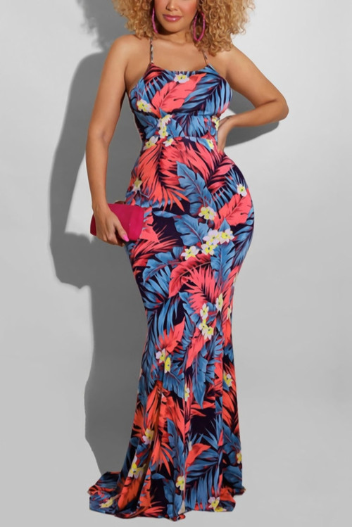 S-5Xl Summer New Stylish Five Colors Leaf Flower Printing Backless Lace-Up Stretch Slim Sexy Maxi Dress - Vougese