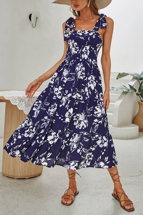 S-Xl Summer New Stylish Floral Batch Printing Lace-Up Sling Stretch Casual Midi Dress - Vougese