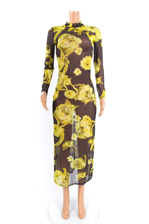 Sexy Perspective Stretch Mesh Print Dress Long Skirt - Vougese