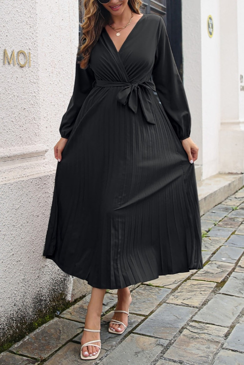 Spring & Autumn New 5 Colors Solid Color Inelastic V-Neck Pleated With Belt Casual Maxi Dress - Vougese