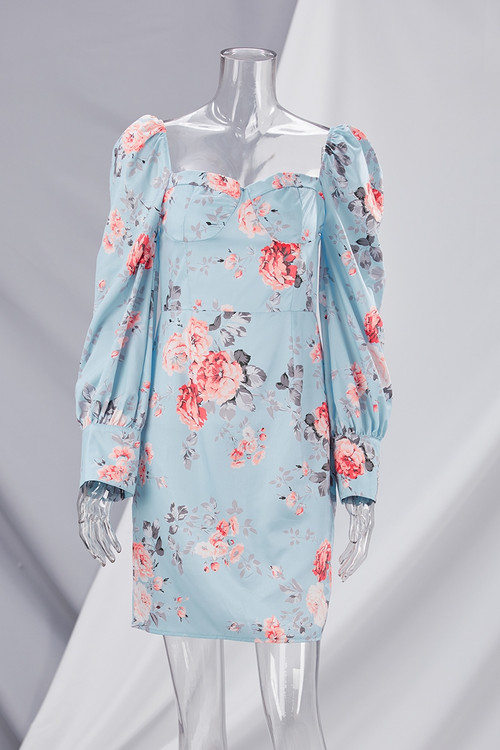 Spring Floral Printing Micro-Elastic Low-Cut Square-Neck Lantern-Sleeve Sexy Bodycon Mini Dress - Vougese