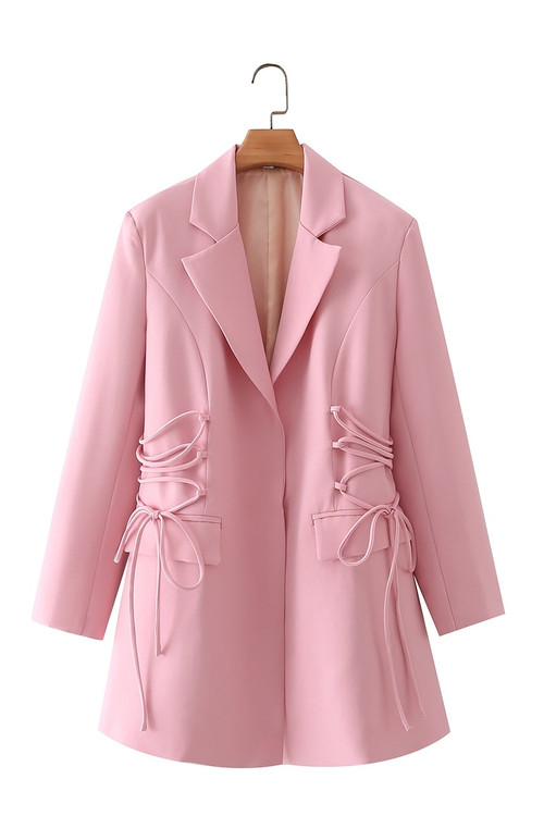 Spring New 3 Colors Solid Color Inelastic Long Sleeves Lace-Up Pocket High Quality Stylish Mini Suit Dress - Vougese