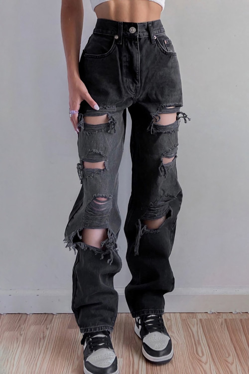Spring New Solid Color Inelastic Holes Pockets Button Zip-Up Stylish Straight Jeans - Vougese