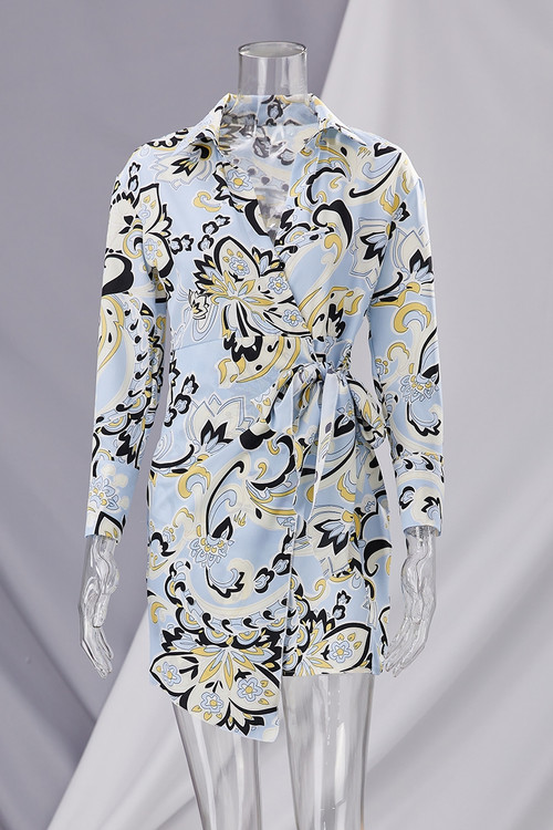 Spring New Style Inelastic Flower Batch Printing Lace-Up Irregular Fashion Casual Mini Dress - Vougese
