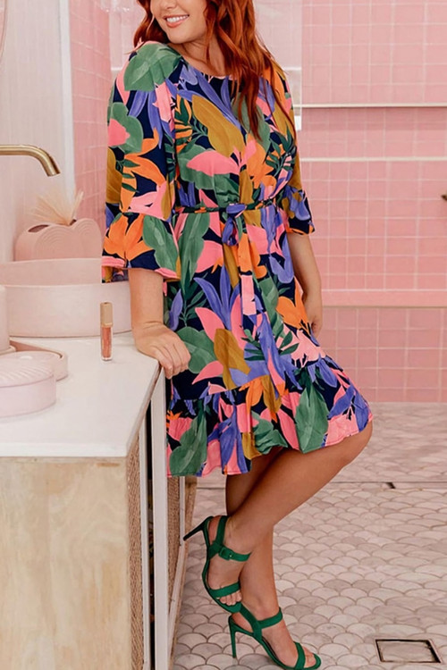 Spring New Stylish Batch Printing Inelastic Pleated Plus Size Casual Midi Dress(With Belt) Floral Dresses - Vougese