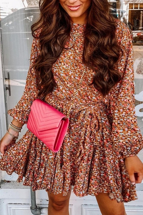 Spring New Stylish Batch Printing Inelastic Pleated Plus Size Loose Casual Mini Dress(With Belt) - Vougese
