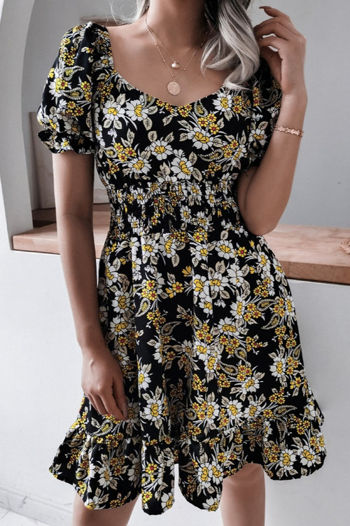 Spring New Stylish Batch Printing Stretch Ruffled Puff Sleeve Casual Mini Dress - Vougese