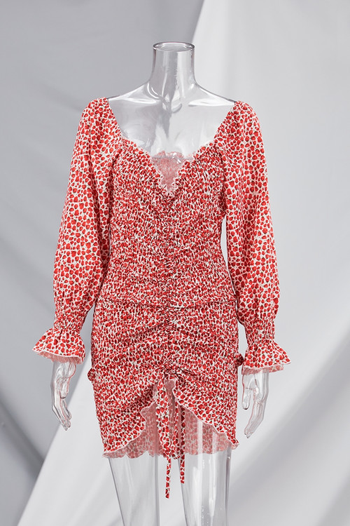 Spring New Stylish Batch Printing Stretch Slim Plus Size Shirring Sexy Mini Dress - Vougese