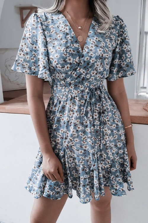 Spring New Stylish Batch Printing V-Neck Inelastic Pleated Casual Mini Dress - Vougese