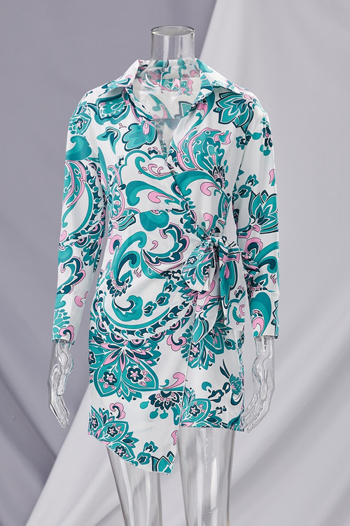 Spring New Stylish Flower Batch Printing Inelastic Lace-Up Irregular Casual Mini Dress - Vougese