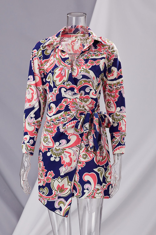 Spring New Stylish Inelastic Flower Batch Printing Lace-Up Irregular Casual Mini Dress - Vougese