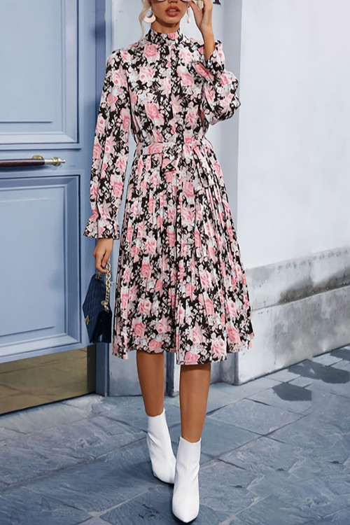 Spring New Stylish Inelastic Flower Batch Printing Long Sleeves With Belt Casual Midi Dress Dresses - Vougese