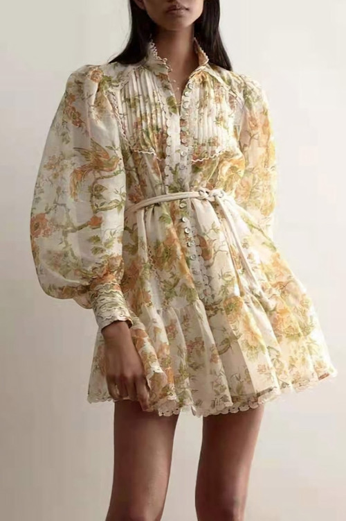 Spring New Stylish Inelastic Flower & Leaf Batch Printing Single-Breasted Lace Spliced Lantern Sleeve High Quality Elegant Mini Dress With White Mini Dress & Belt - Vougese