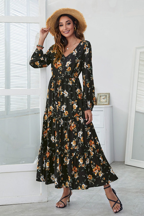 Spring New Stylish Orange Batch Printing Single Breasted Micro Elastic Loose Slit Plus Size Casual Maxi Dress - Vougese