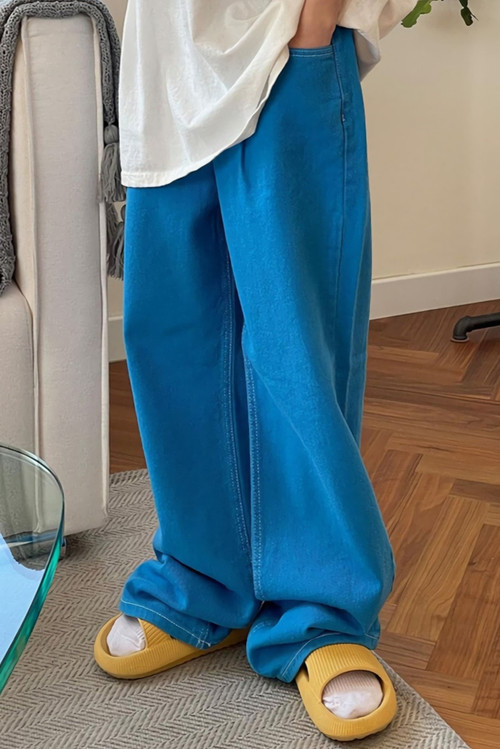 Spring New Stylish Solid Color Inelastic Button Pockets Zip-Up Loose Casual Denim Pants - Vougese
