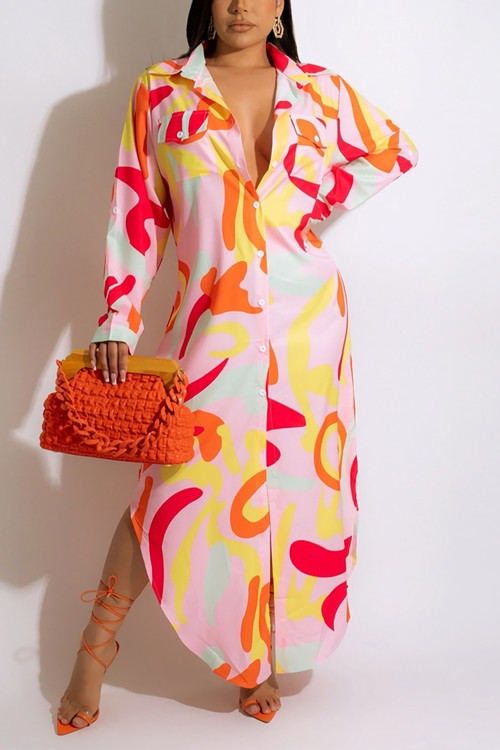 Spring New Stylish Two Colors Inelastic Batch Printing Single-Breasted Long Sleeves Split Loose Casual Maxi Dress - Vougese