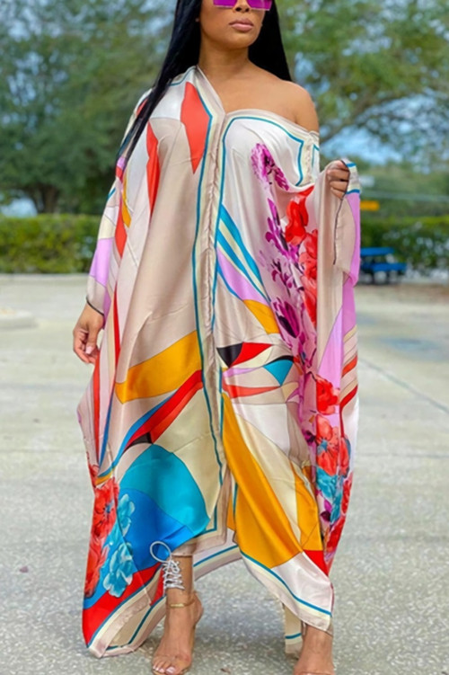 Spring Plus Size New Stylish V-Neck Geometric Flower Batch Printing Micro-Elastic Loose Colorful Casual Maxi Dress - Vougese