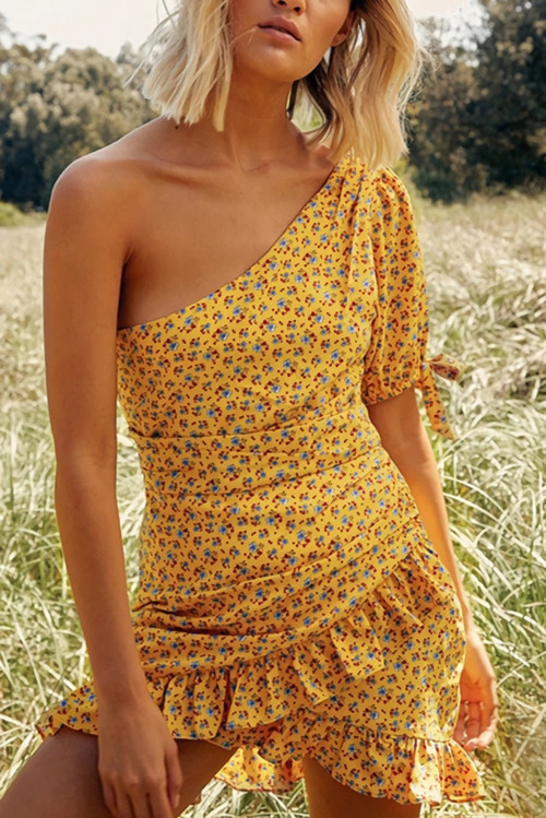Spring & Summer New Floral Batch Printing Inelastic One Shoulder Shirring Ruffle Decor Zip-Up Slim Stylish Retro Mini Dress - Vougese