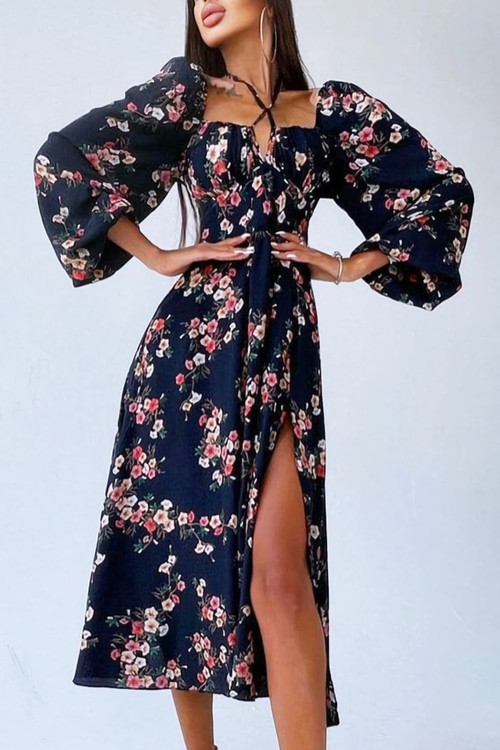 Spring & Summer New Floral Batch Printing Stretch Halter-Neck Hollow Shirring Self-Tie Zip-Up Slit Stylish Midi Dress - Vougese
