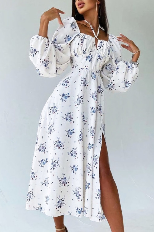 Spring & Summer New Floral Batch Printing Stretch Hollow Halter-Neck Lace Up Shirring Slit Stylish Midi Dress - Vougese