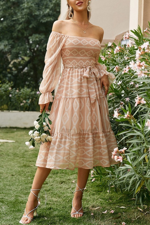 Spring & Summer New Two Colors Stretch Geometric Printing Long Sleeves With Belt High Quality Casual Midi Dress - Vougese
