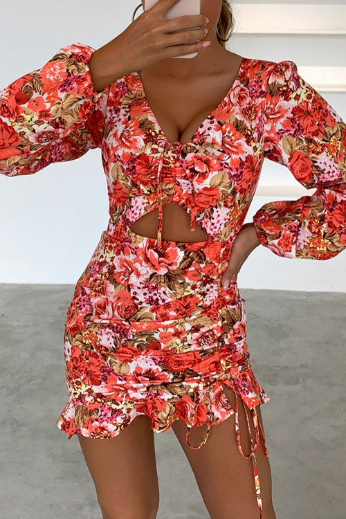Spring & Summer New V-Neck Floral Batch Printing Stretch Hollow Smocked Frill Trim Lace Up Stylish Retro Mini Dress Sexy Dresses - Vougese