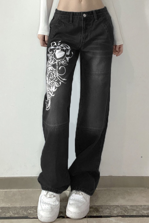 Spring Three Colors Fixed Printing Micro-Elastic Pockets Button Zip-Up Stylish Straight Jeans (Without Belt) - Vougese