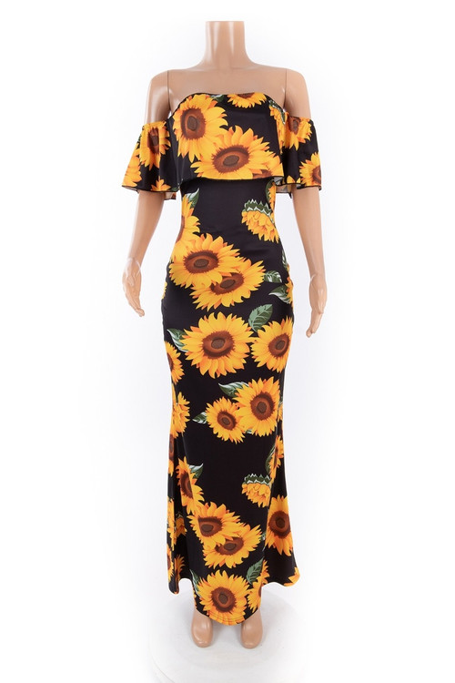 Stylish New Plus Size Batch Printing Flowers Stretch Off Shoulder Dress - Vougese