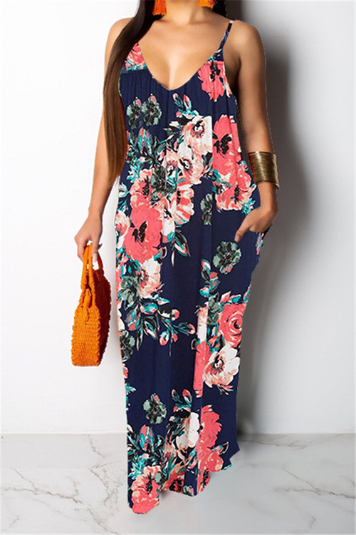 Summer 2 Colors Plus Size New Style Flowers Batch Printing Sling Maxi Dress - Vougese
