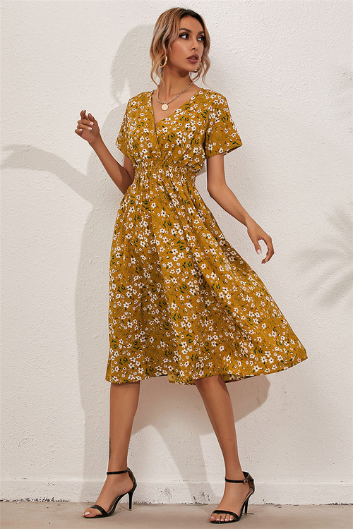 Summer 9 Colors Short-Sleeve Floral Batch Print V-Neck New Stylish Holiday Dress - Vougese