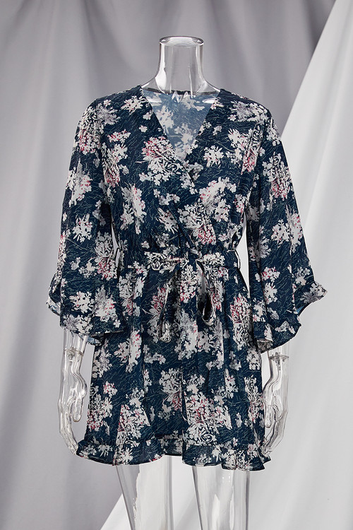 Summer Autumn New Plus Size Floral Printing Micro-Elastic V-Neck Ruffle Stylish Mini Dress With Belt 2# - Vougese