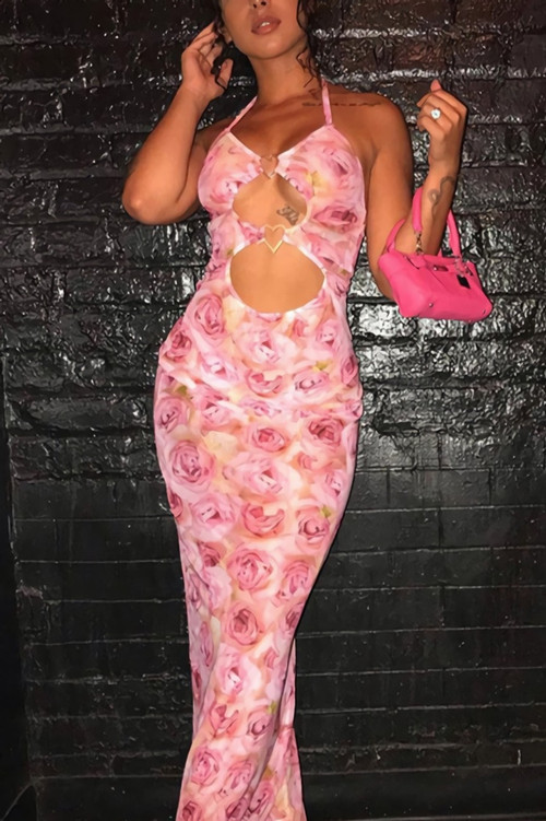 Summer Fashion Mesh Batch Printing Halter-Neck Lace-Up Heart Shape Connected Cutout Stretch Sexy Midi Dress - Vougese